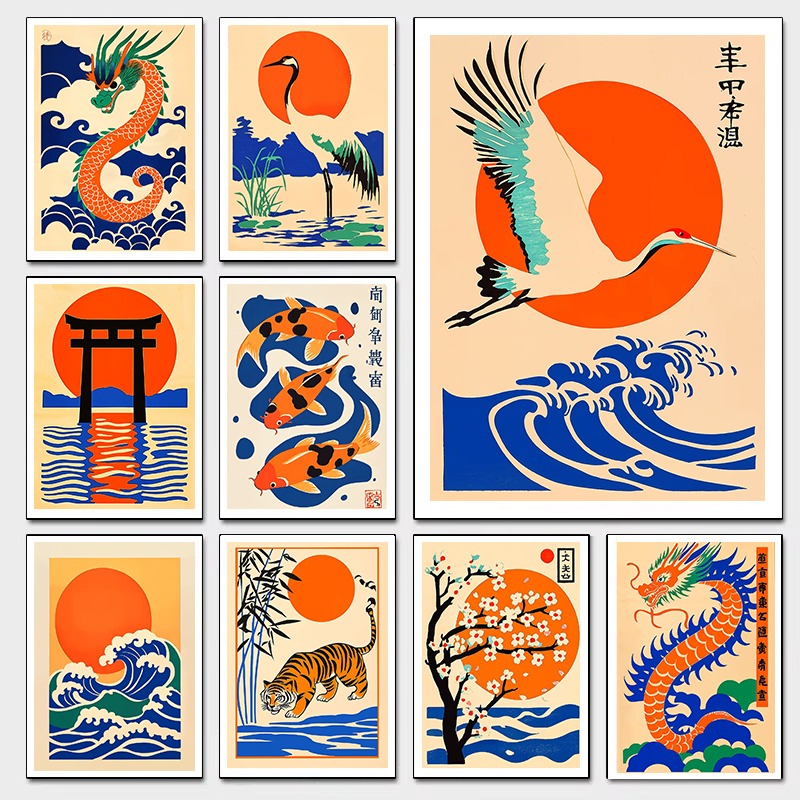 Japanese Lifestyle Gifts - Retro Japon Çizimler Tuval Baskı Ejderha